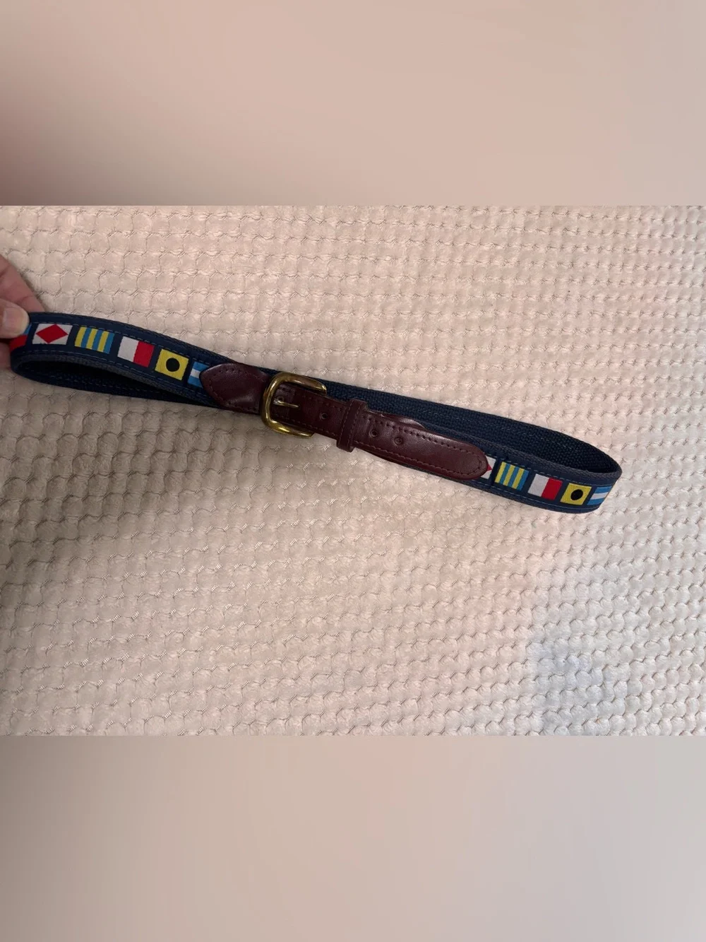 Vintage Skippers Leather & Blue Canvas Belt with Nautical Code Flags Size 32/33